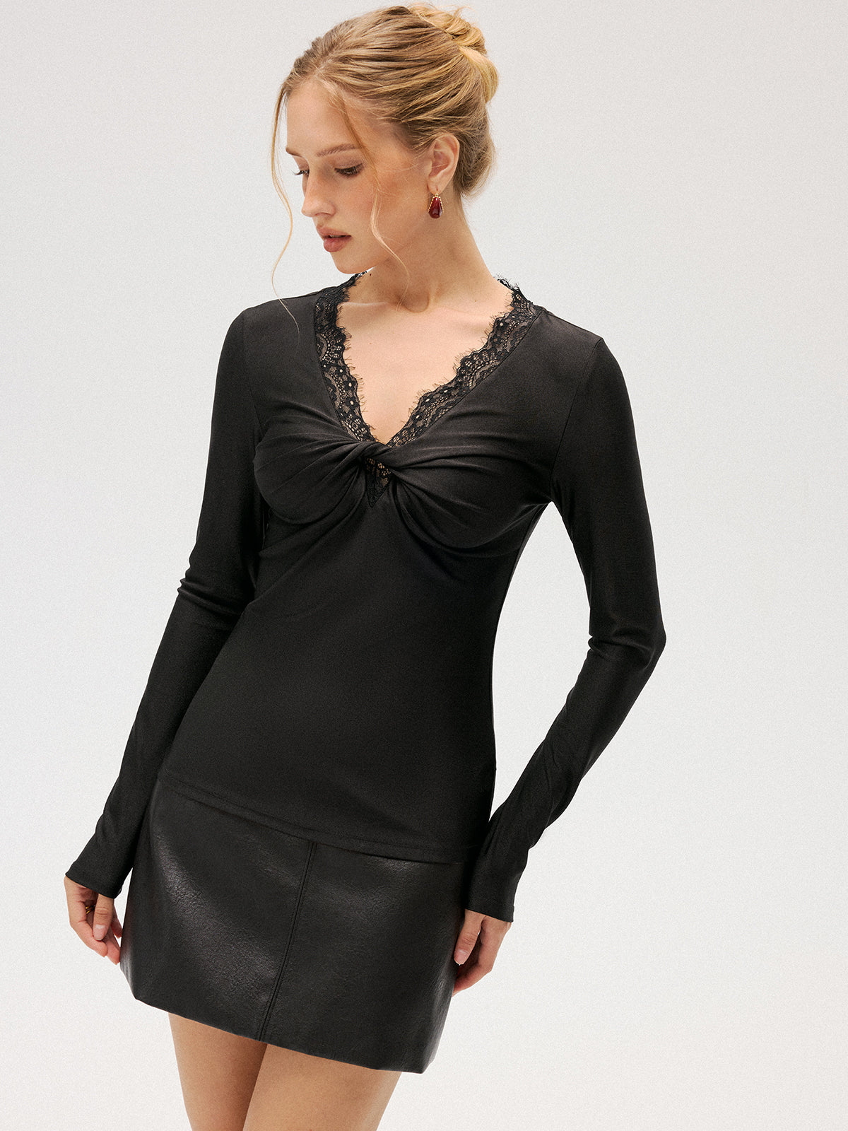 Lace-Trim V-Neck Knot-Front Top