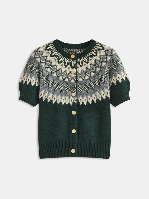Cashmere-Blend Fair Isle Short-Sleeve Cardigan