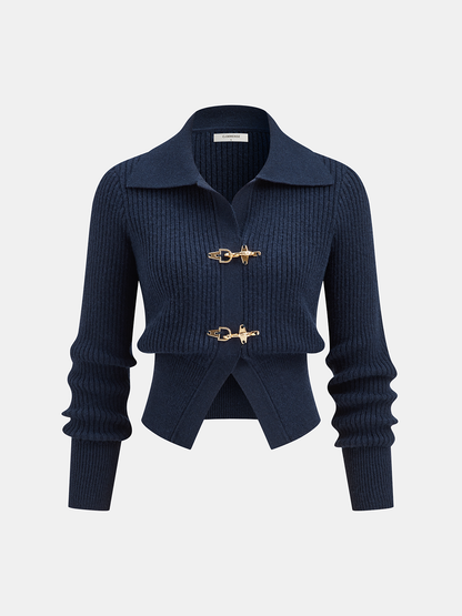 Collared Metal Buckle Ribbed Cropped Sweater