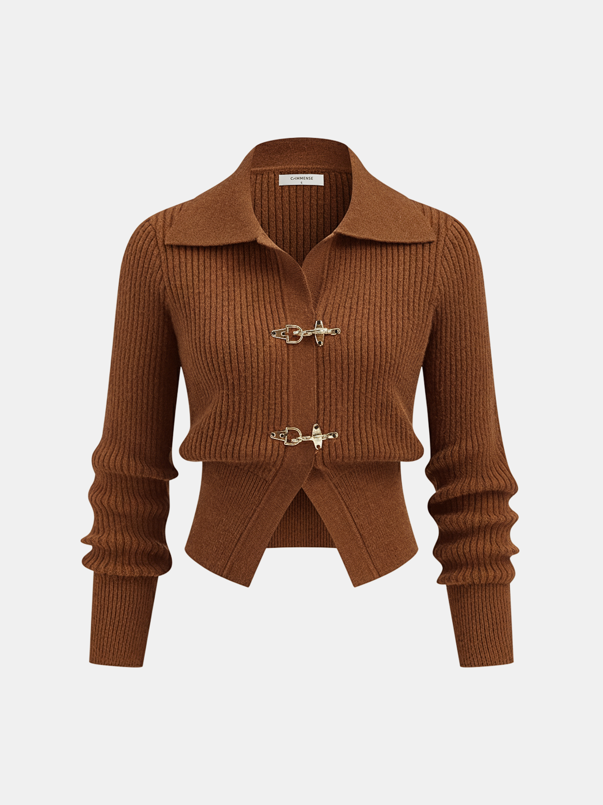Collared Metal Buckle Ribbed Cropped Sweater