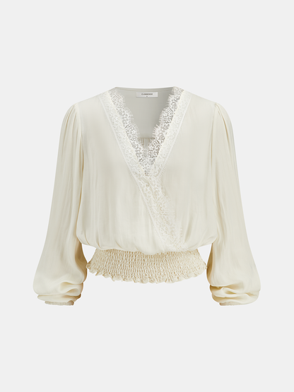 Lace Trim Smocked Waist Long Sleeve Blouse
