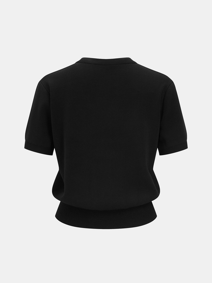 Decorative Button Bow Short-Sleeve Sweater