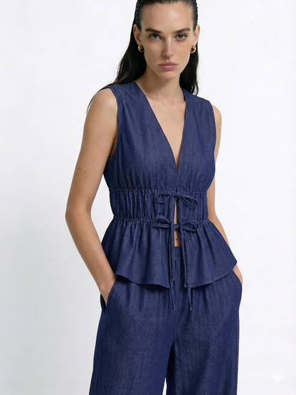 Faux Denim Tie-Waist Vest & Pants Set