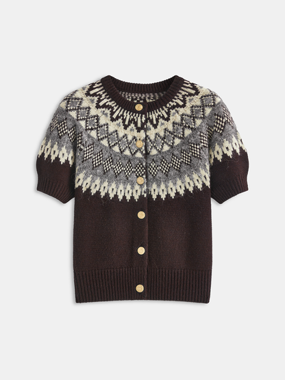 Cashmere-Blend Fair Isle Short-Sleeve Cardigan
