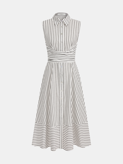 Striped Collared Sleeveless Tie Waist Midi Dress