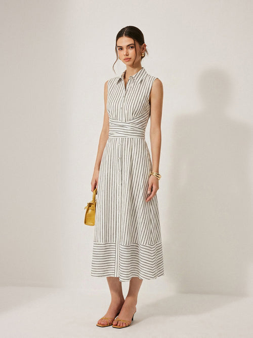 Striped Collared Sleeveless Tie Waist Midi Dress