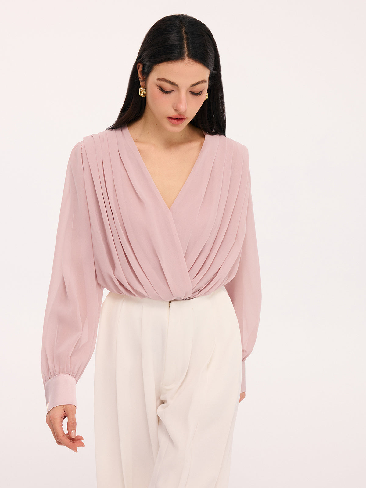 Pleated Deep V-Neck Long Sleeve Bodysuit