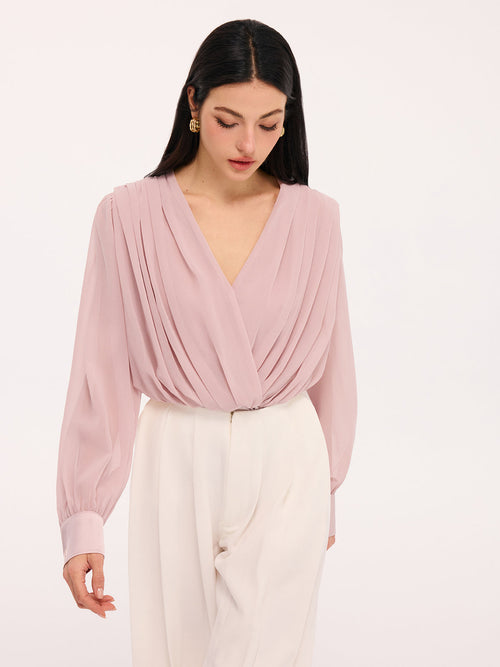 Pleated Deep V-Neck Long Sleeve Bodysuit