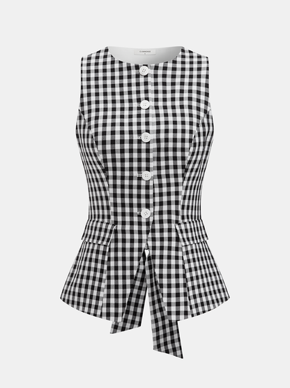Gingham Bow Backless Sleeveless Top