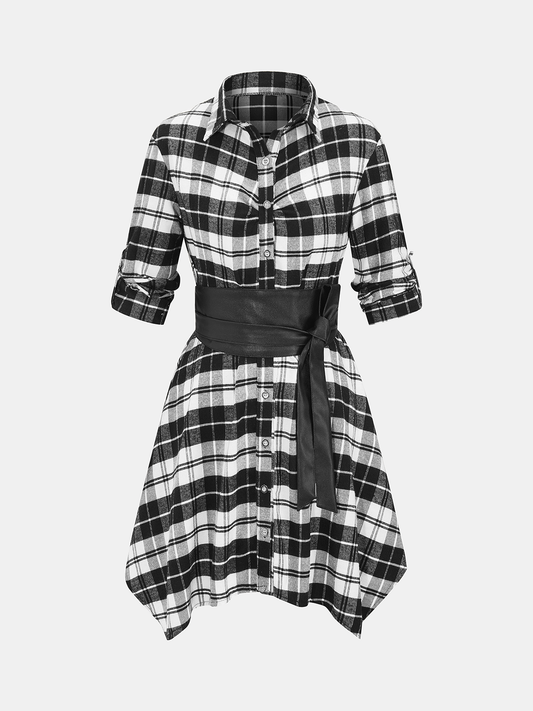 Adjustable Sleeve Waist-Cincher Plaid Shirt Dress