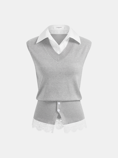 2 in 1 Collared Lace Hem Knit Vest
