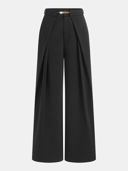 Mid Waist Belted Pleated Wide Leg Pants