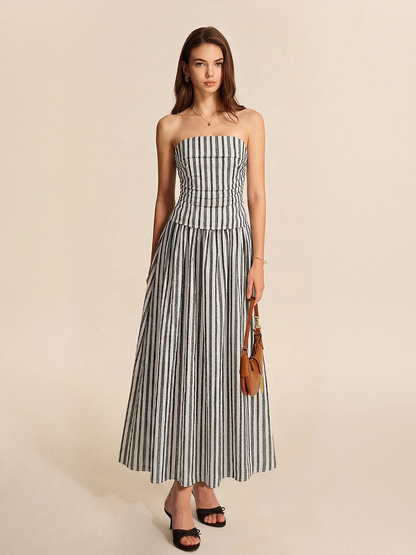 Striped Strapless Cotton Linen Ruched Dress