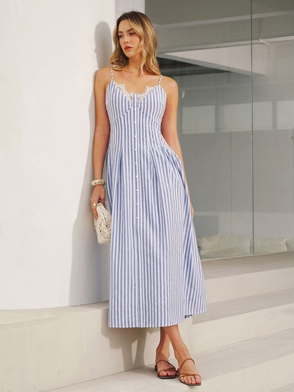 Lace Trim Striped Cami Maxi Dress