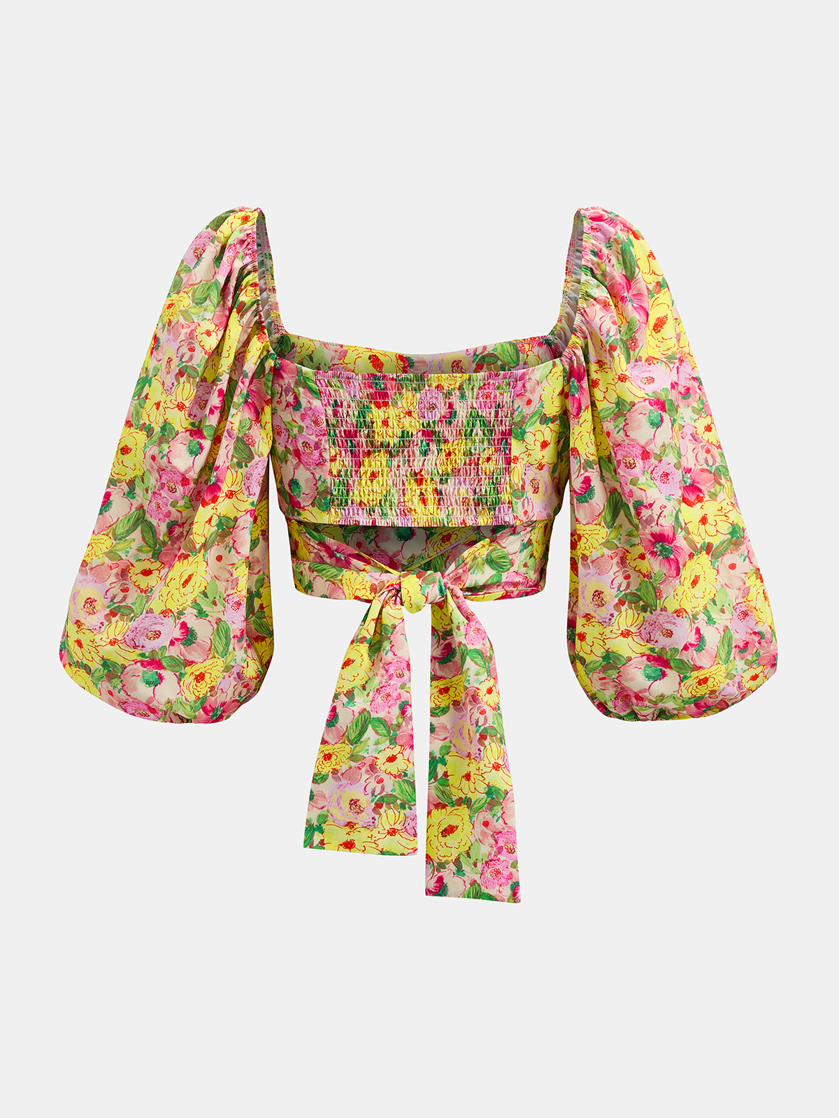 Square Neck Puff Sleeve Floral Tie-Back Blouse