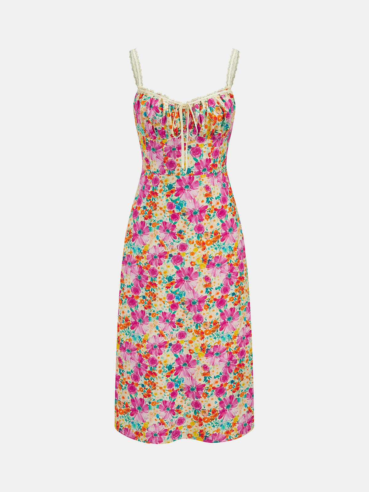 Lace Strap Tie Front Floral Midi Dress