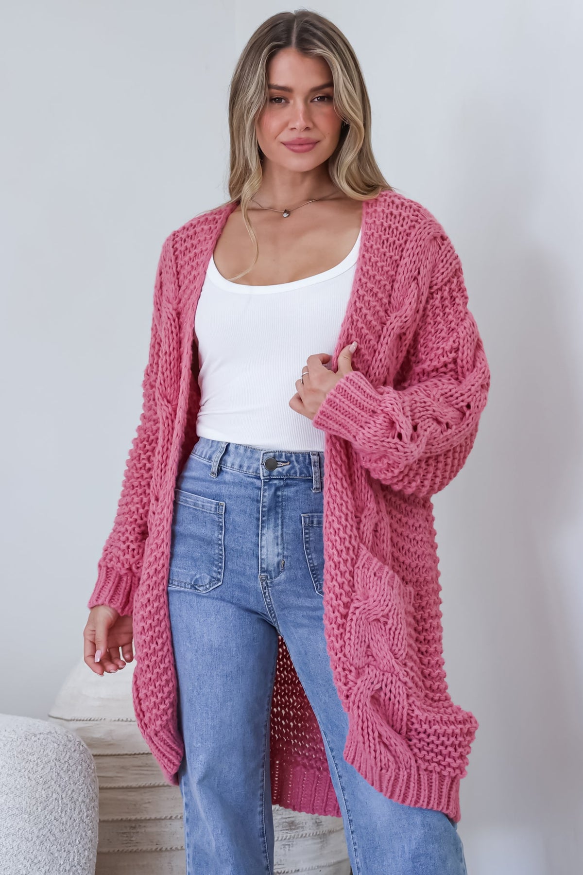 Beckett Cardigan - Open Front Chunky Cable Knit with Pockets in Pink
