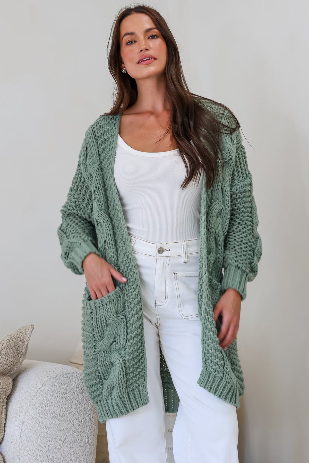 Beckett Cardigan - Open Front Chunky Cable Knit with Pockets in Sage