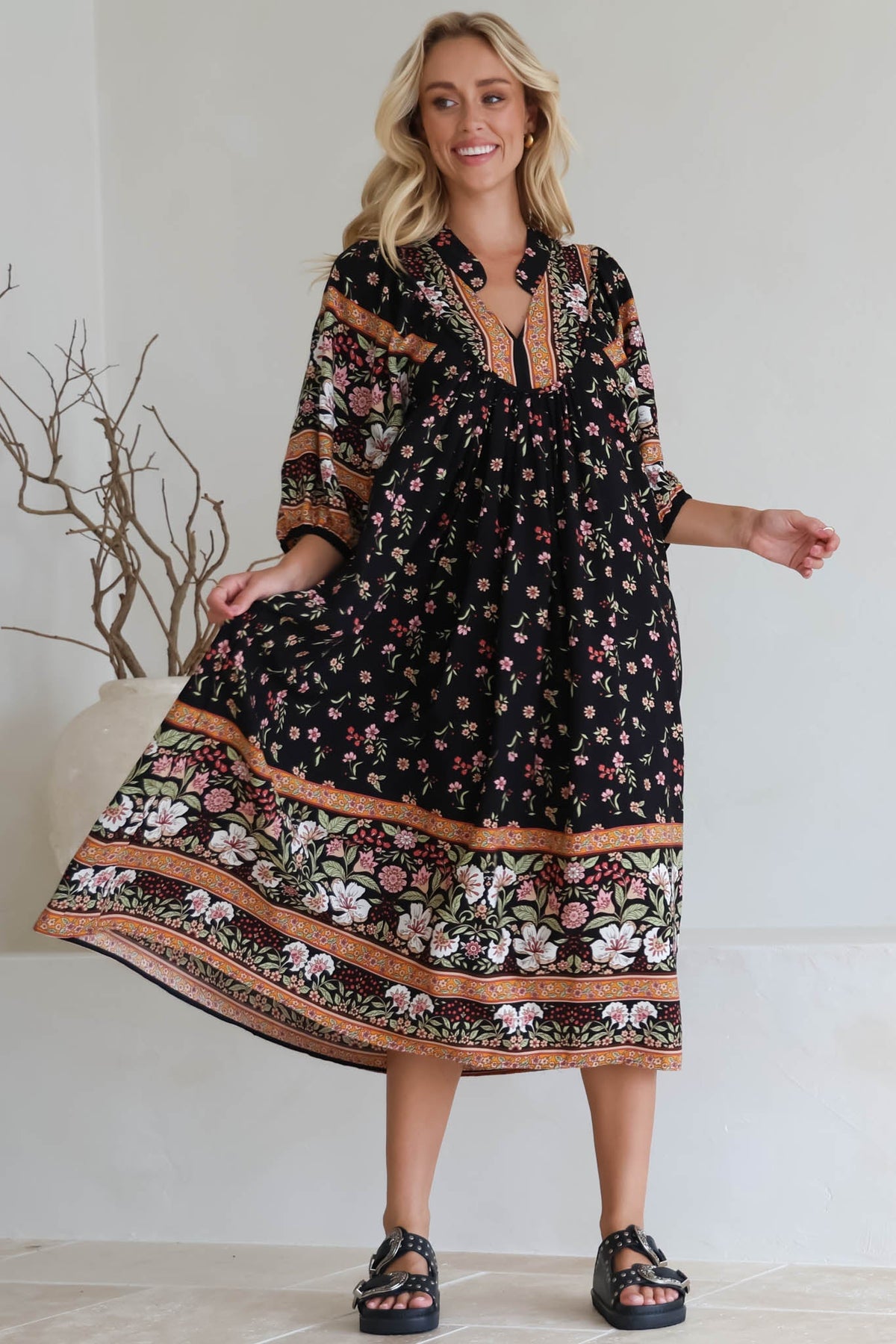 JAASE - Boheme Midi Dress: Piping Defined Bust Slimline Smock Dress In Eternity Print