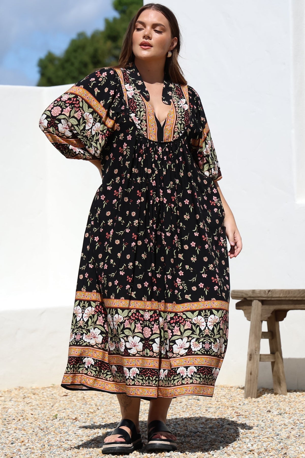 JAASE - Boheme Midi Dress: Piping Defined Bust Slimline Smock Dress In Eternity Print
