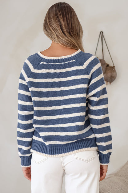Boscoe Jumper - Split Collar V-Neck Striped Long Sleeve Knit in Navy Blue