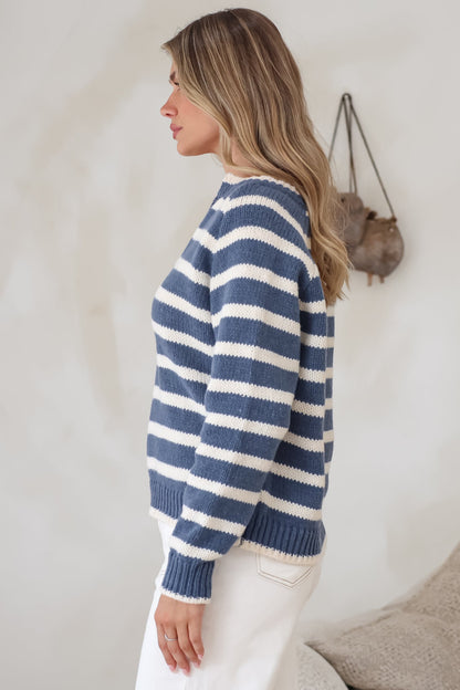 Boscoe Jumper - Split Collar V-Neck Striped Long Sleeve Knit in Navy Blue