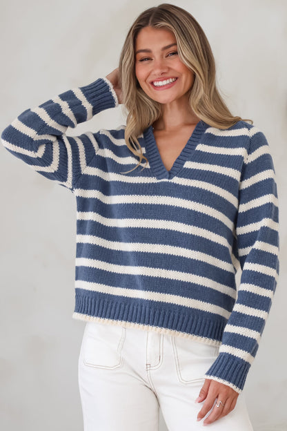 Boscoe Jumper - Split Collar V-Neck Striped Long Sleeve Knit in Navy Blue