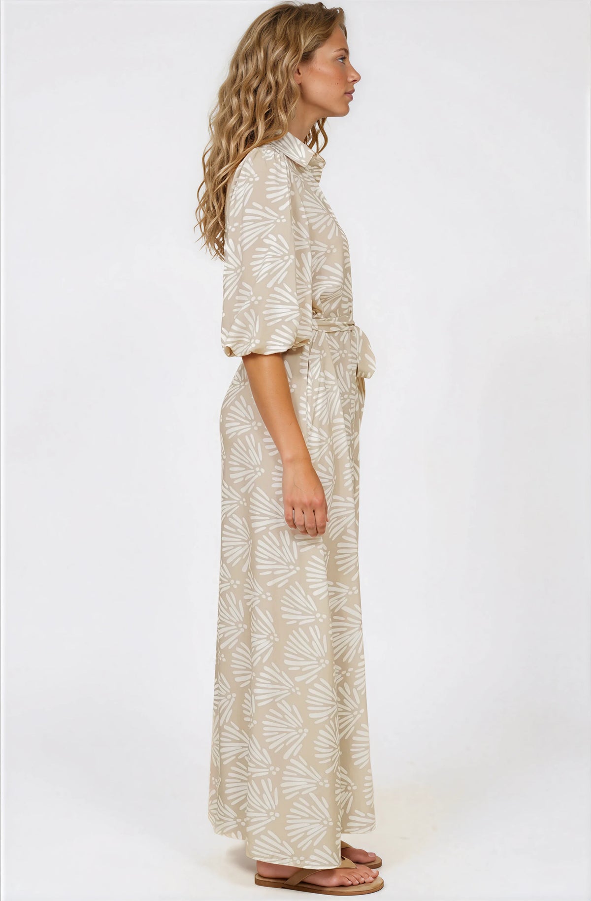 Brea Maxi Dress - Collared Shirt Dress with Belt in Catia Print Beige