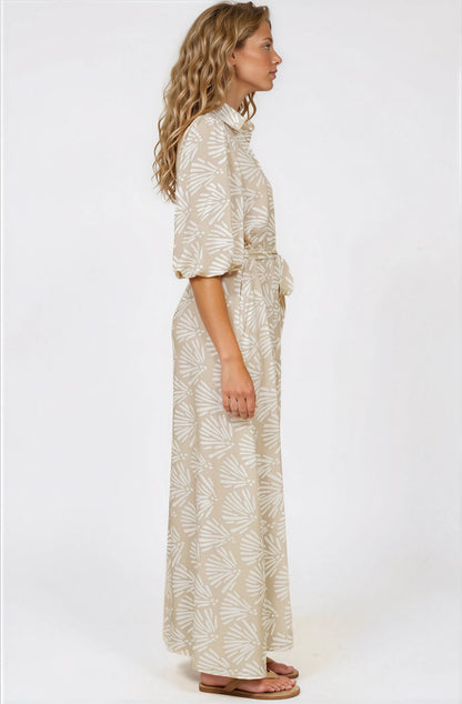 Brea Maxi Dress - Collared Shirt Dress with Belt in Catia Print Beige