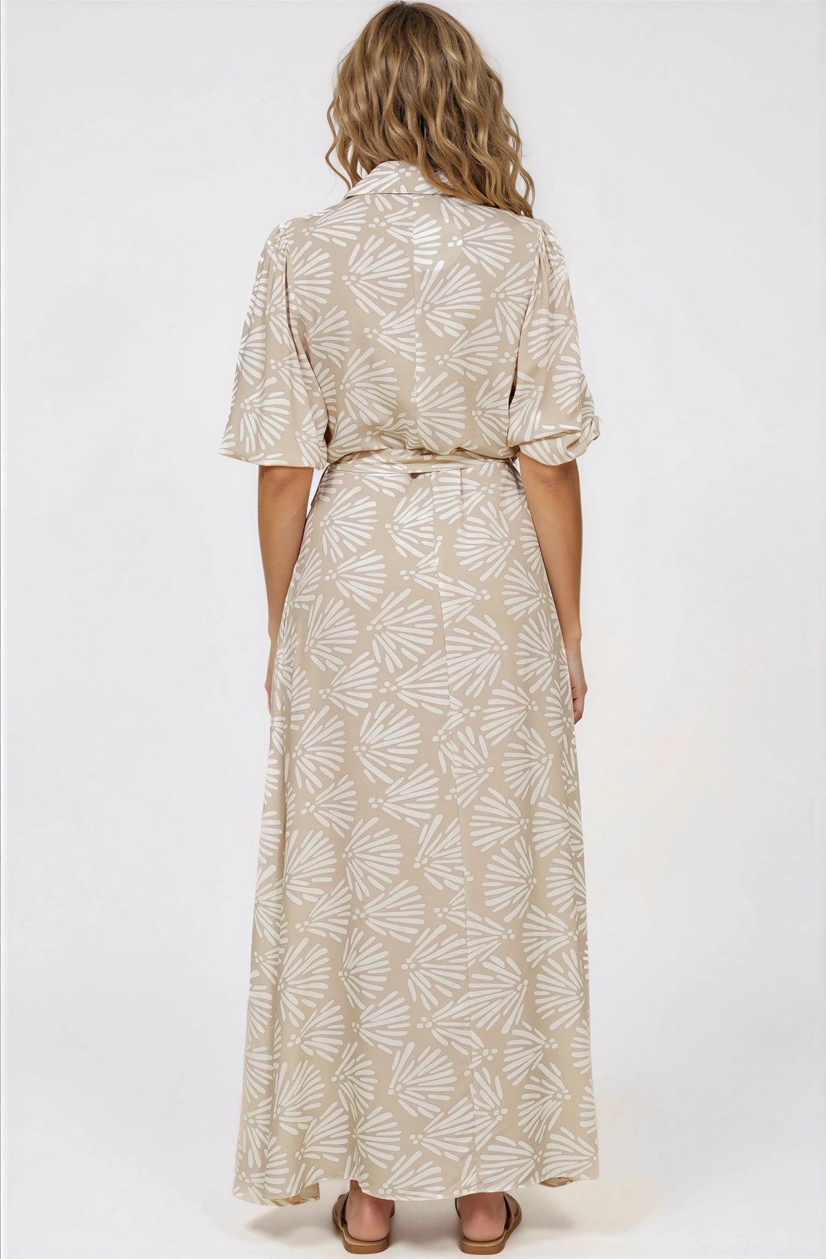 Brea Maxi Dress - Collared Shirt Dress with Belt in Catia Print Beige