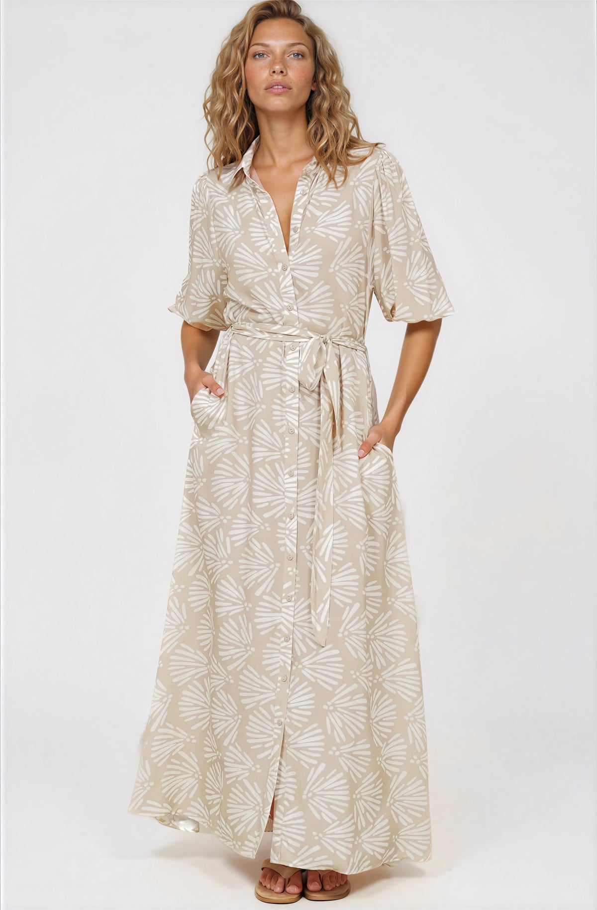 Brea Maxi Dress - Collared Shirt Dress with Belt in Catia Print Beige