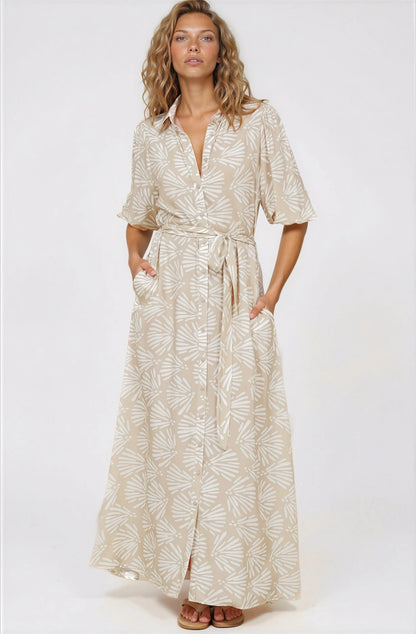 Brea Maxi Dress - Collared Shirt Dress with Belt in Catia Print Beige