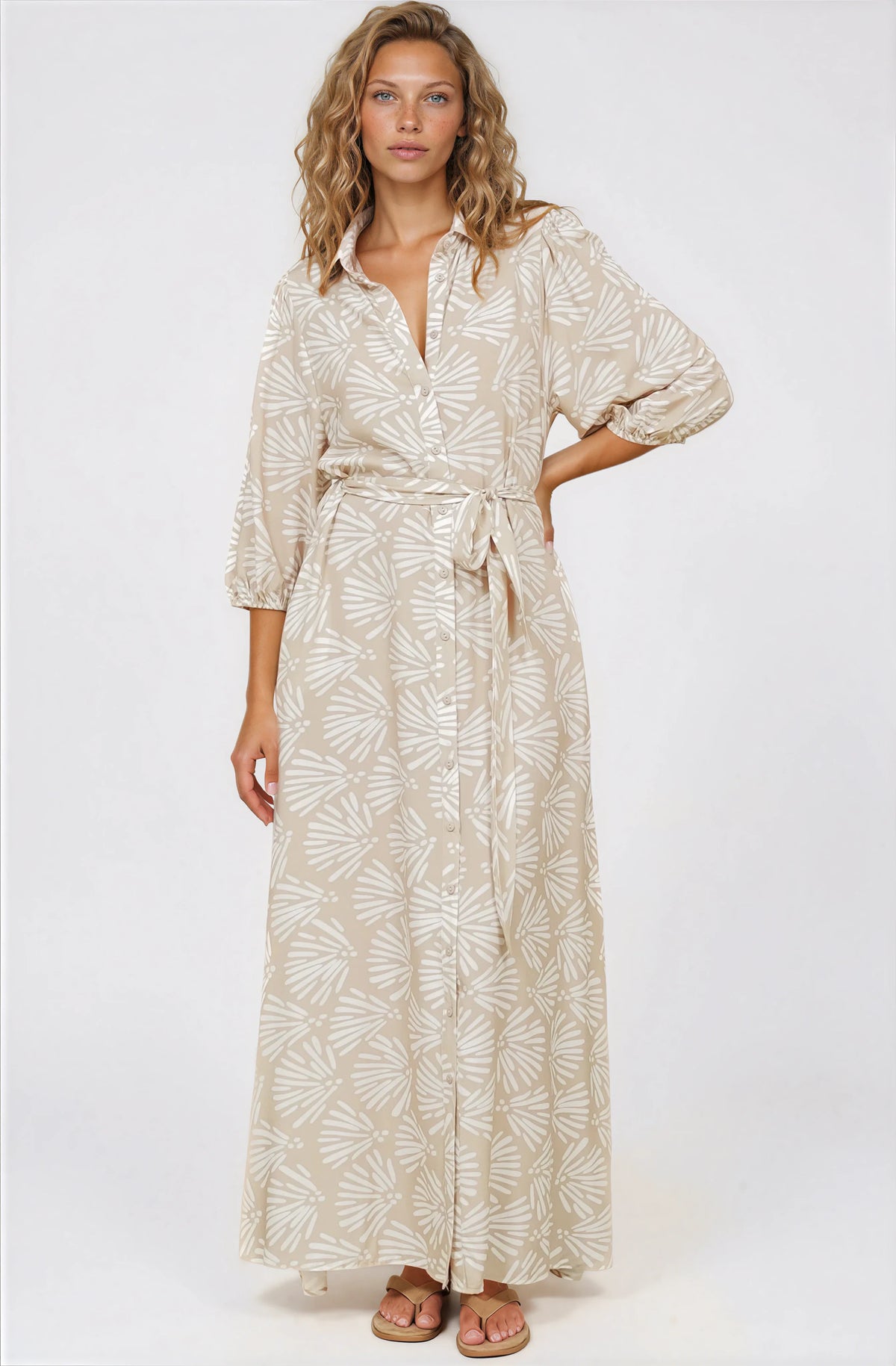 Brea Maxi Dress - Collared Shirt Dress with Belt in Catia Print Beige