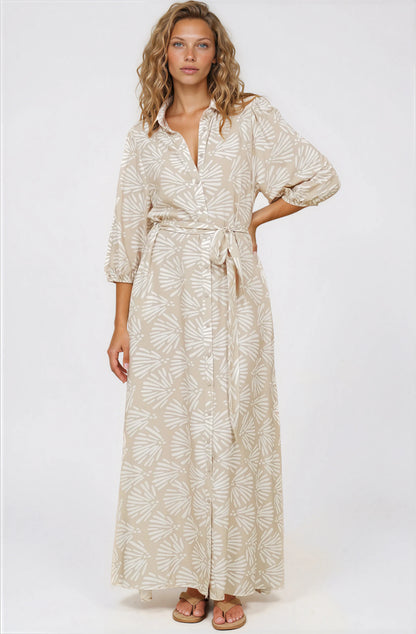 Brea Maxi Dress - Collared Shirt Dress with Belt in Catia Print Beige