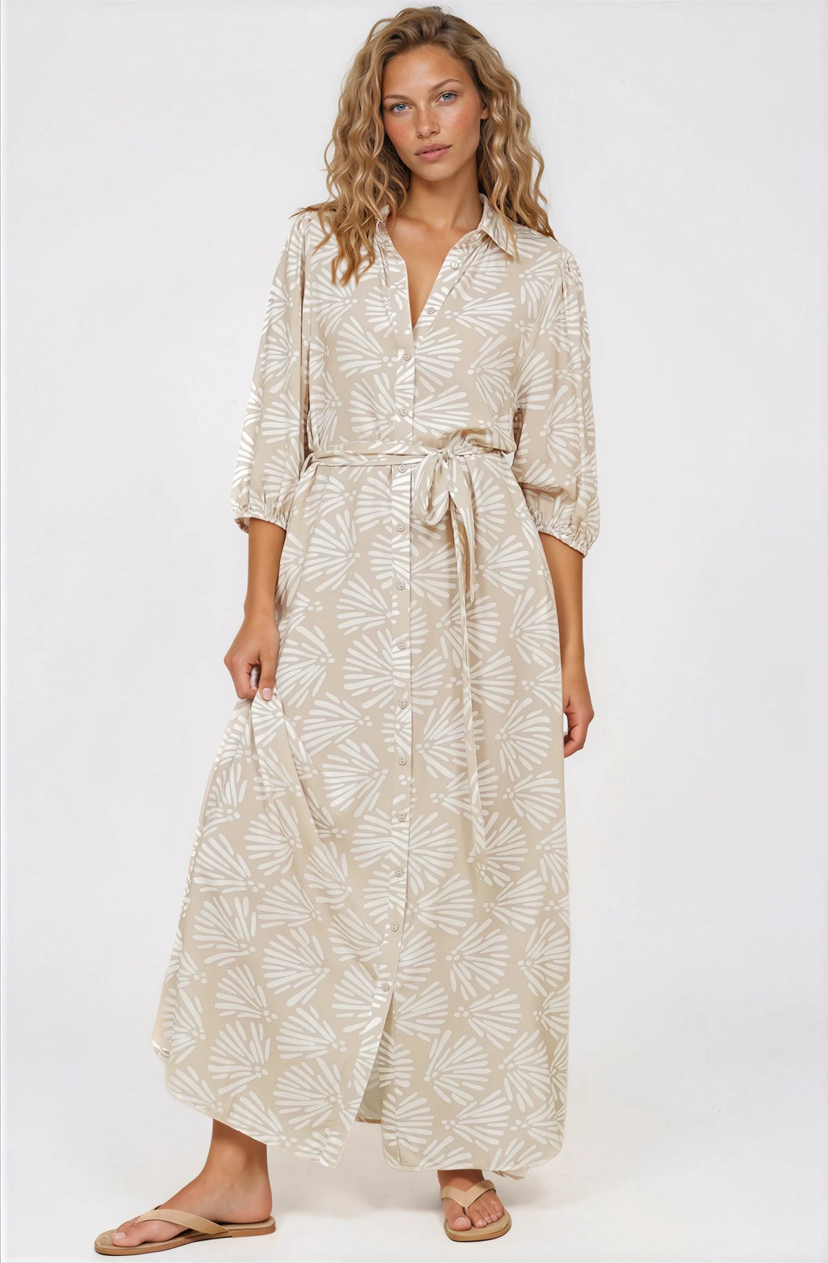 Brea Maxi Dress - Collared Shirt Dress with Belt in Catia Print Beige