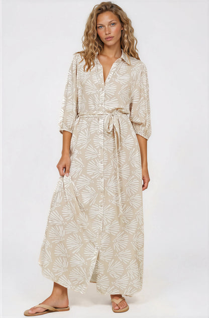 Brea Maxi Dress - Collared Shirt Dress with Belt in Catia Print Beige