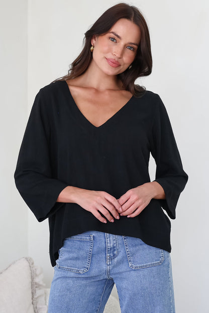 Breezer Top - Long Sleeve V Neck Pull Over Top with High Low Hemline in Black