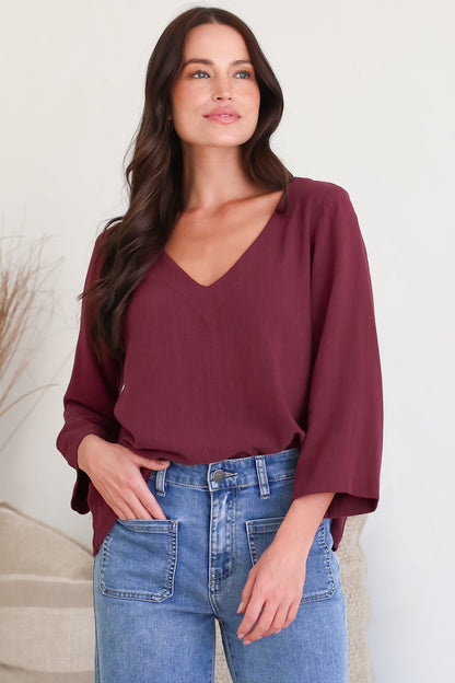 Breezer Top - Long Sleeve V Neck Pull Over Top with High Low Hemline in Wine