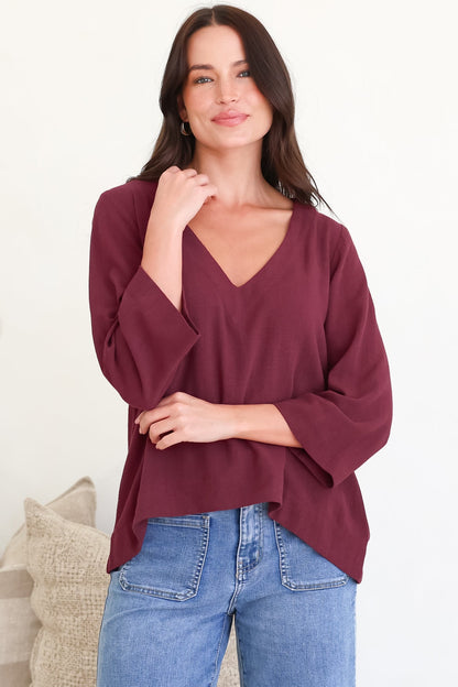 Breezer Top - Long Sleeve V Neck Pull Over Top with High Low Hemline in Wine