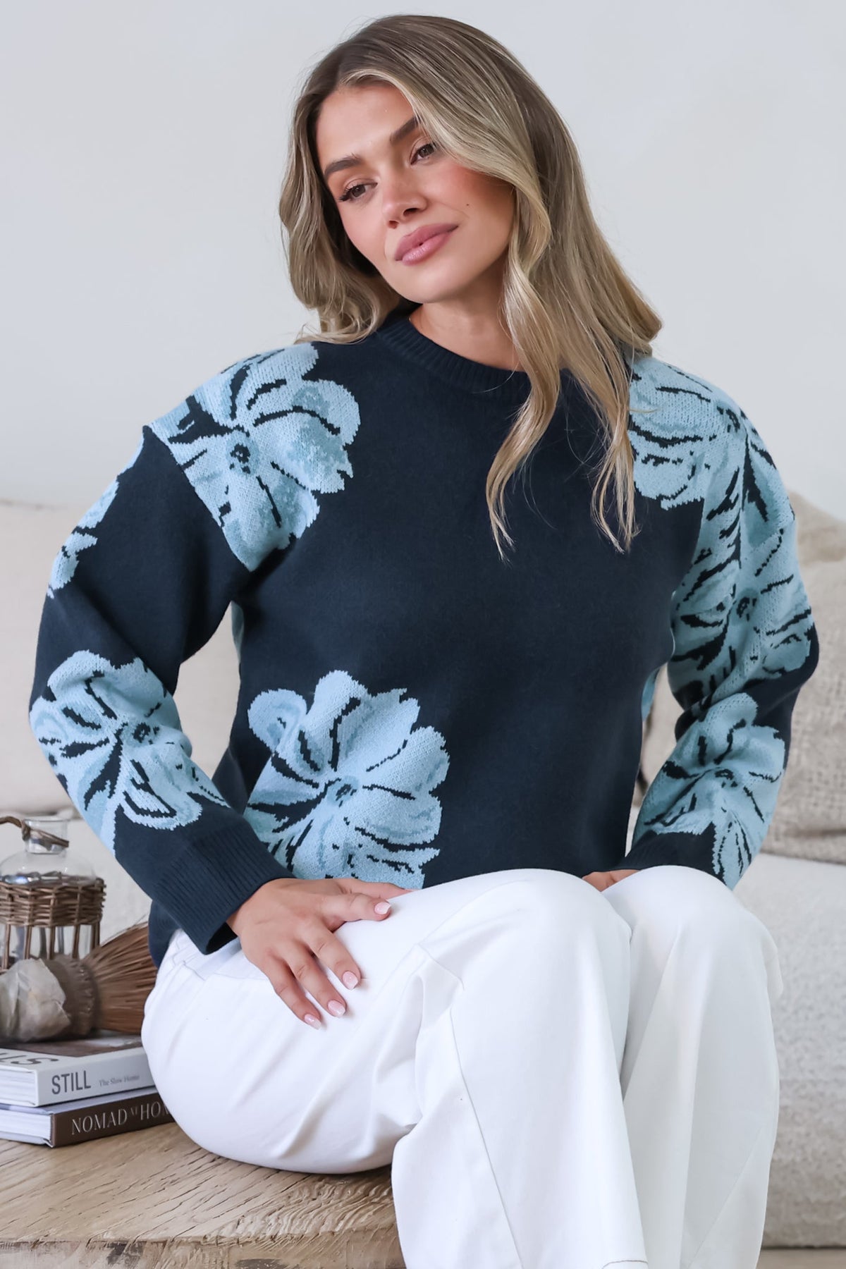 Breezy Jumper - Crew Neck Long Sleeve Floral Knit with Ribbed Hemlines in Navy