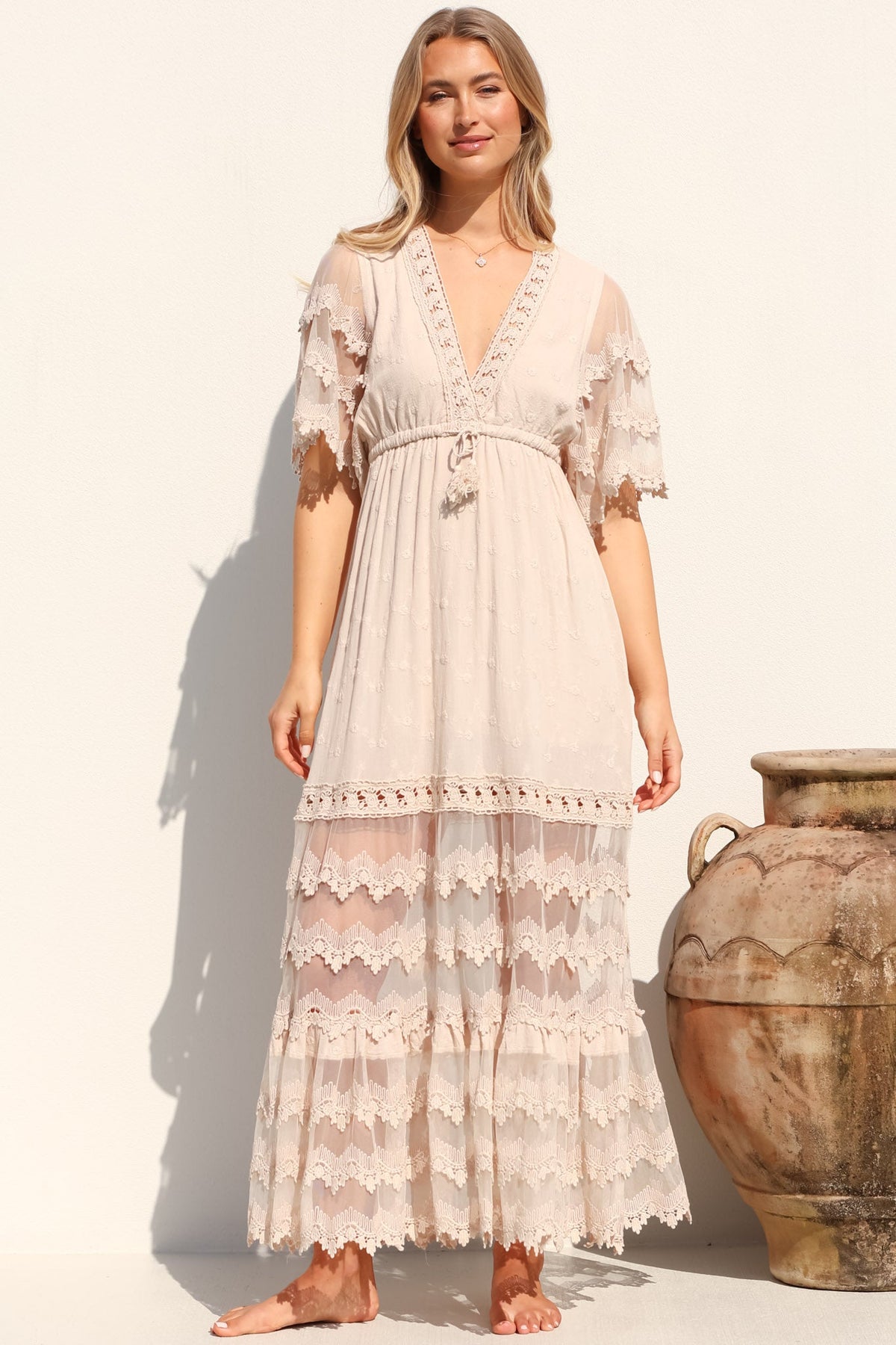 JAASE - Bungalow Maxi Dress: Embroidered Lace Deep V Neck Dress with Open Batwing Sleeves in Sand
