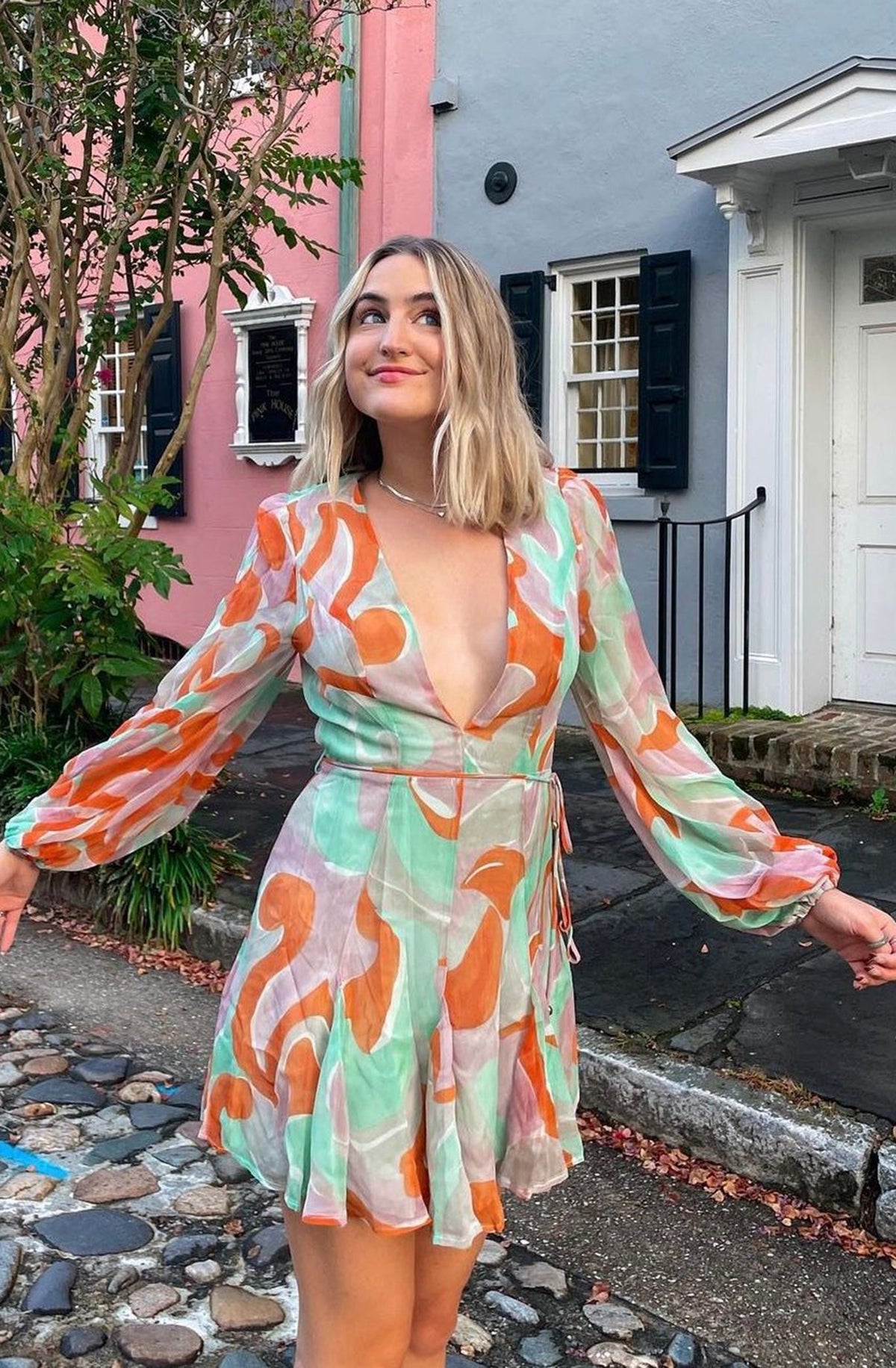 Estelle Long Sleeve V-Neckline Dress Swirl Print Orange/Mint