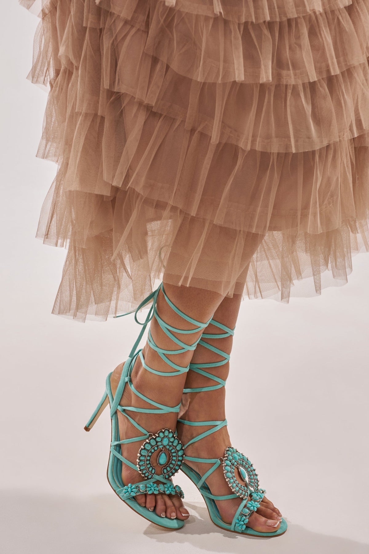 AKIRA GOLD CLIPSE AQUA HARDWARE EMBELLISHED STILETTO SANDAL