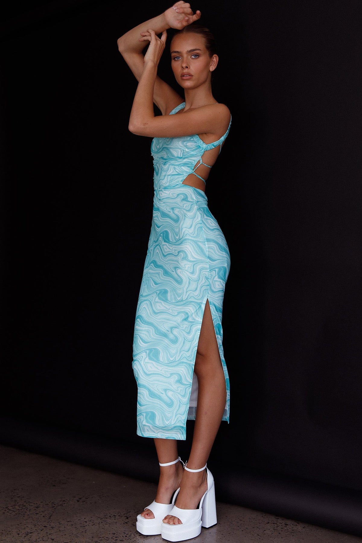 Dream Crush Lace-Up Back Side Split Midi Dress Marbled Green