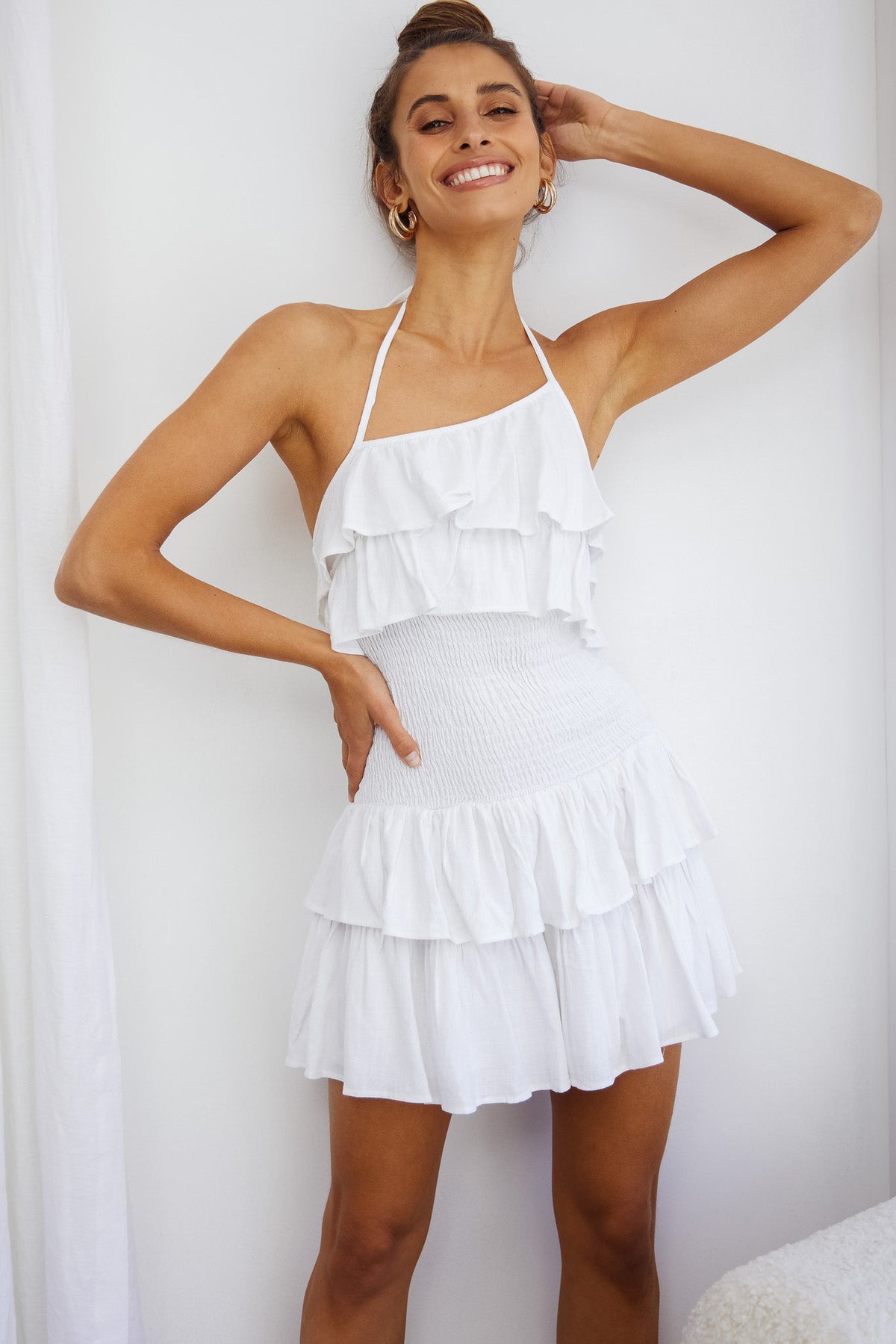 Kristy Halterneck Shirred Bodice Ruffle Mini Dress White