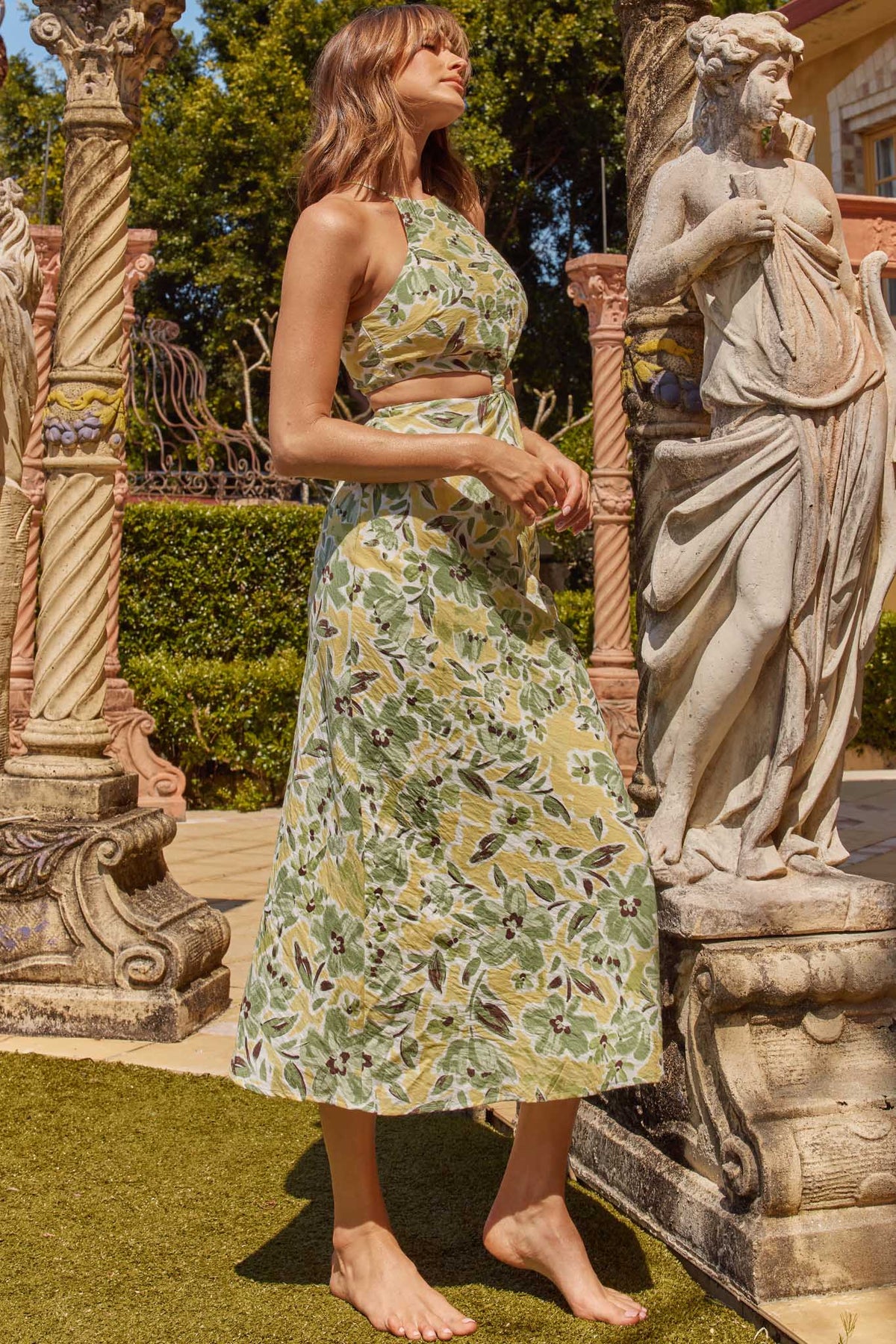 Utopia Cut-Out Waist Midi Dress Green/Yellow