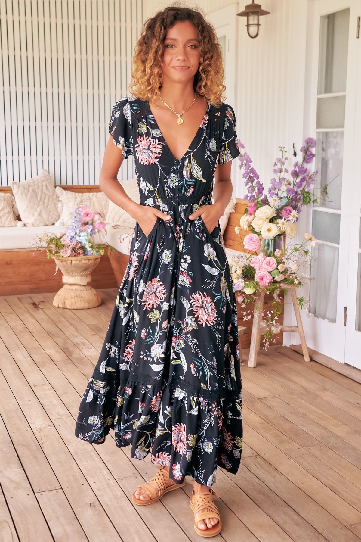 JAASE - Carmen Maxi Dress: Butterfly Cap Sleeve Button Down A Line Dress with Lace Trim in Under the Stars Print