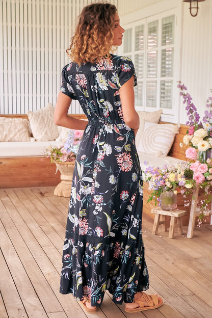 JAASE - Carmen Maxi Dress: Butterfly Cap Sleeve Button Down A Line Dress with Lace Trim in Under the Stars Print