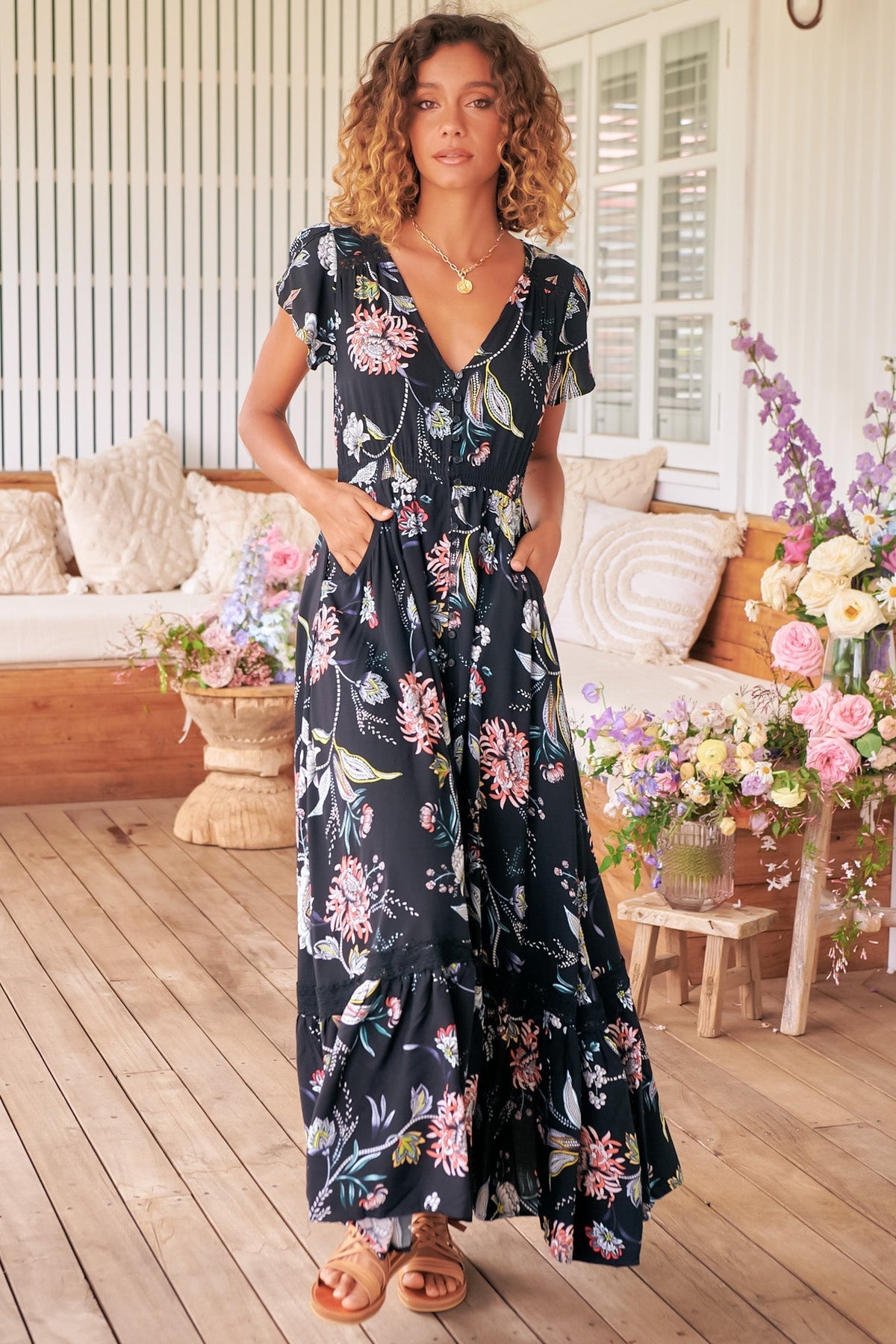 JAASE - Carmen Maxi Dress: Butterfly Cap Sleeve Button Down A Line Dress with Lace Trim in Under the Stars Print