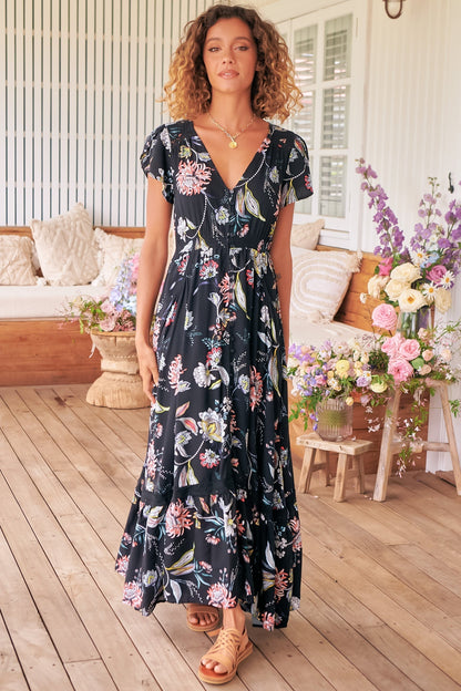 JAASE - Carmen Maxi Dress: Butterfly Cap Sleeve Button Down A Line Dress with Lace Trim in Under the Stars Print